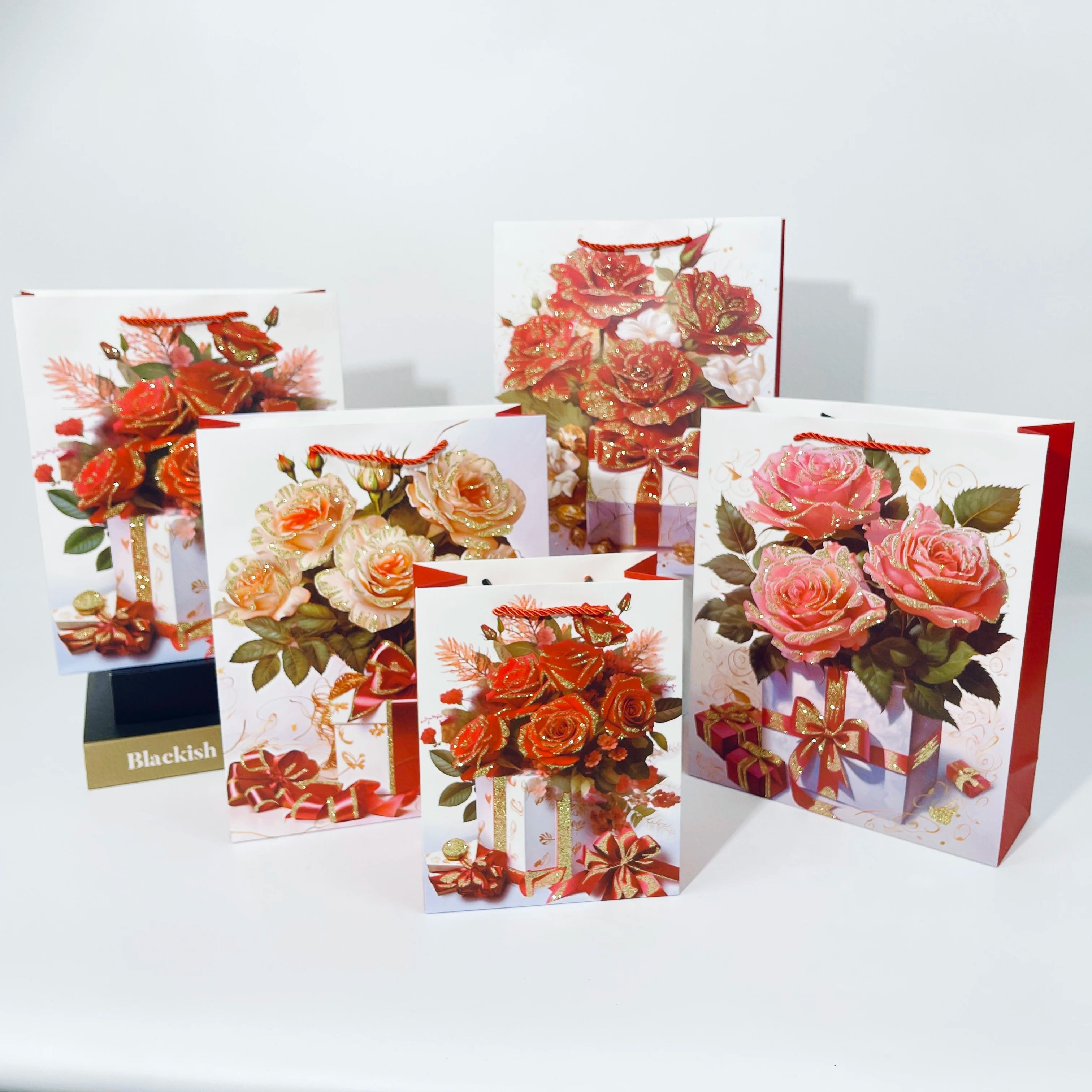 Powder Sprinkling Cheap Paper Bags Custom Print Logos Valentine's Day Birthdaypackaging Paper Gift Bag with Ribbon Handles