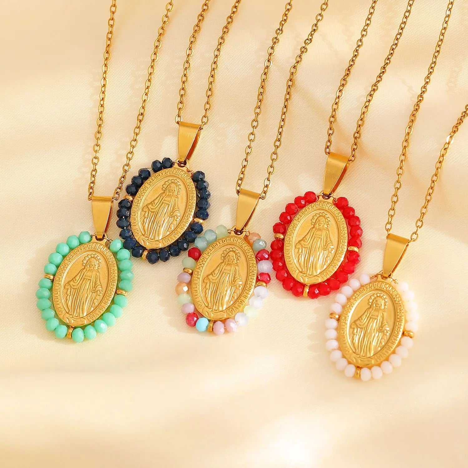Women Stainless Steel Religious Christian Necklace Jewelry Colorful Link Chain Virgin Mary Necklace