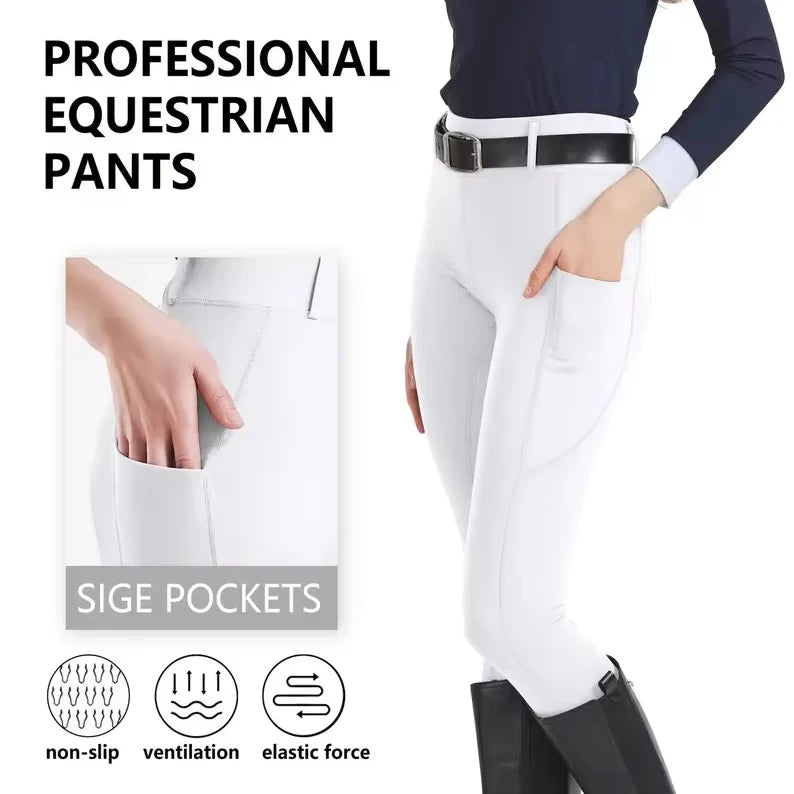 White Professional Women's Horse Riding Leggings Shovel Graphic Silicone Pockets for Equestrian Riding Breeches RIDING PANT