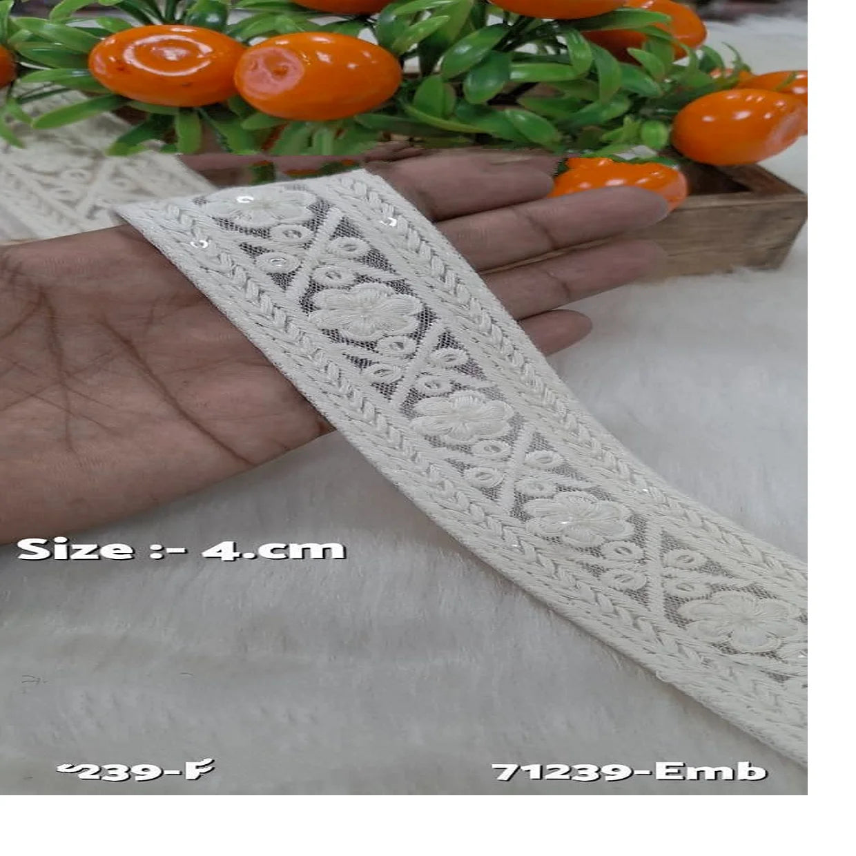 Custom made embroidered laces in white colour floral designed with exquisite border design for bridal dresses in 1.5 inch width.