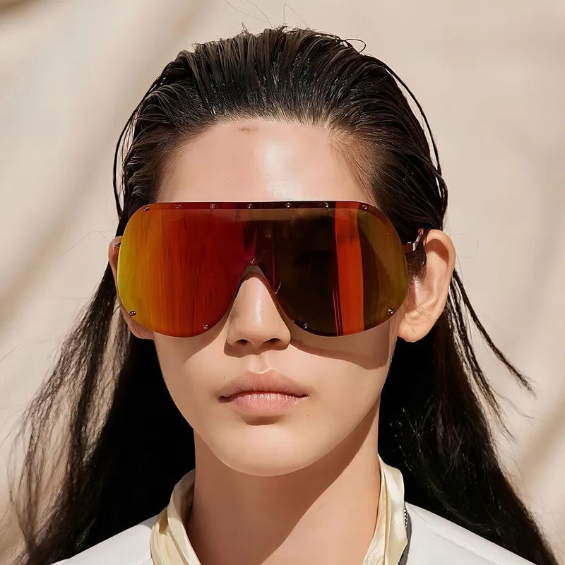 2025 Custom Logo Fashion Men Rimless One Piece Lens Sun Glasses UV400 Y2k Oversized Metal Sunglasses Women