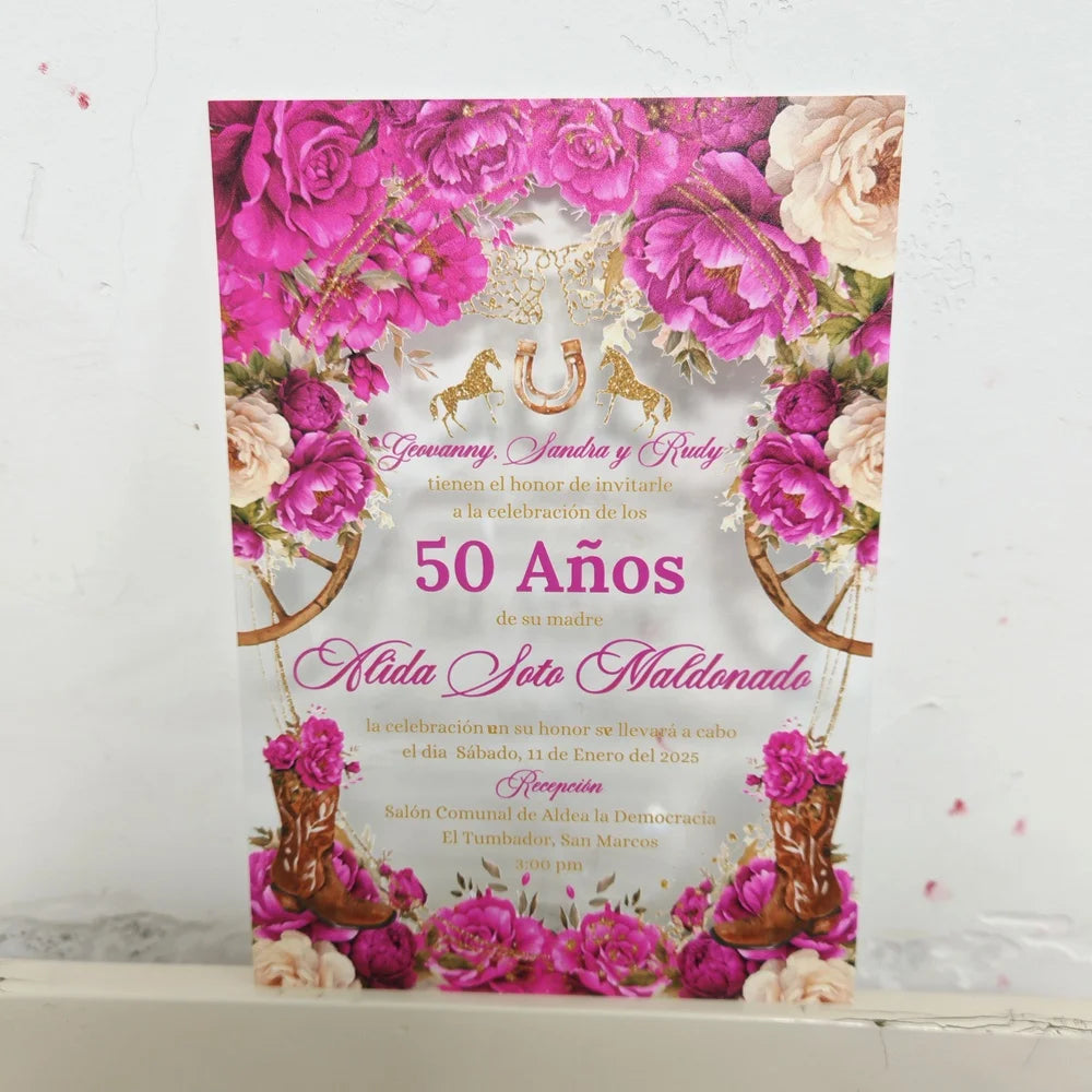 1mm PVC Clear Transparent Floral Wedding Invitation Fuchsia Hot Pink and Gold Quince Invitations with Boots Horse 50 ANOS Invite MegaBDM