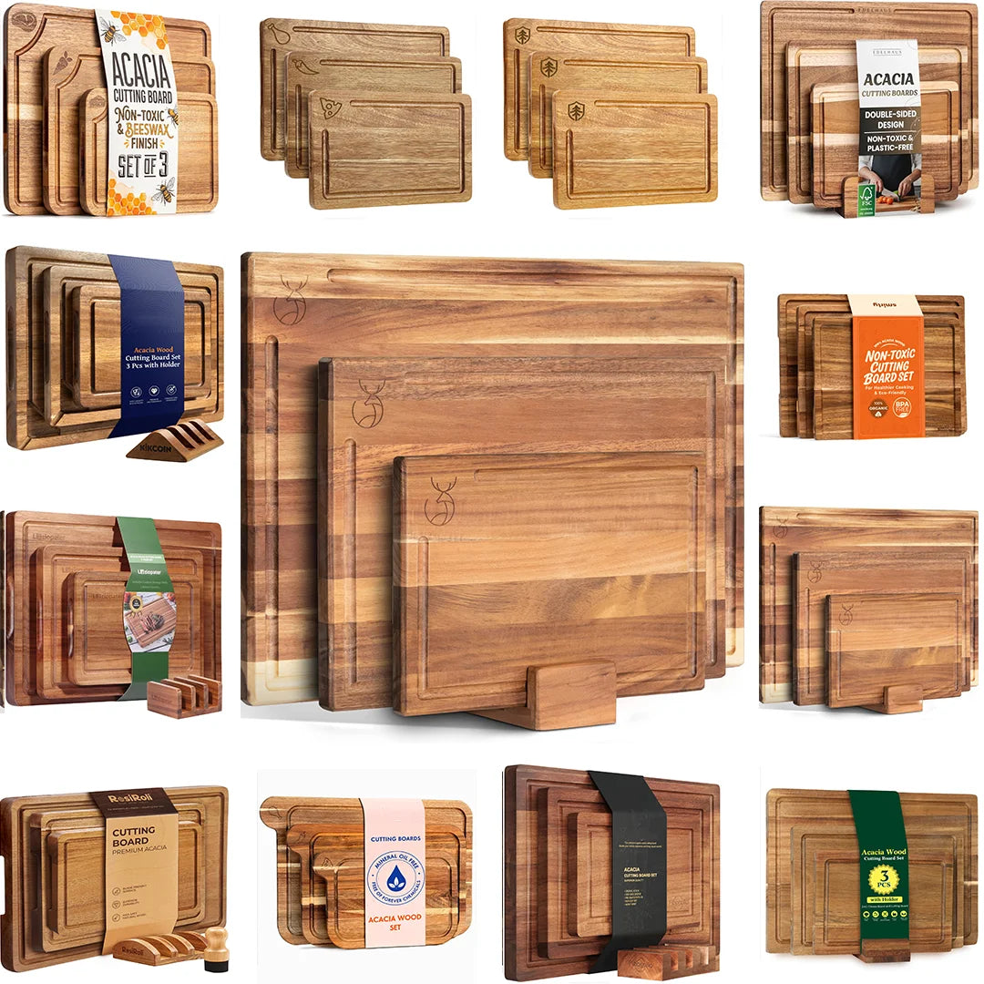Factory Price Customized Kitchen Accessories Solid Acacia Wood Cutting Board With Juice Groove Wooden Chopping Boards Set Wooden MegaBDM