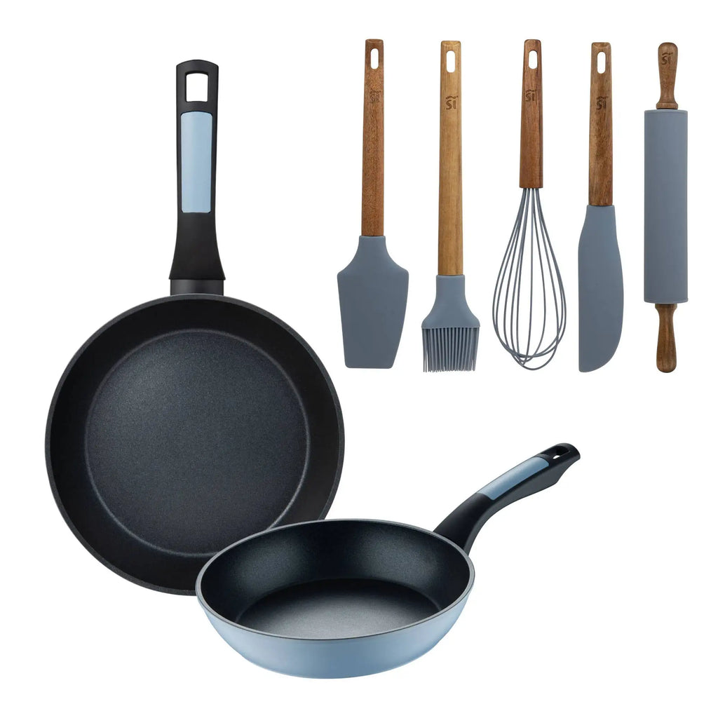 Set of 2 frying pans 2026cm pressed aluminum blue color + Set of 5 silicone and wooden utensils NOIA San Ignacio