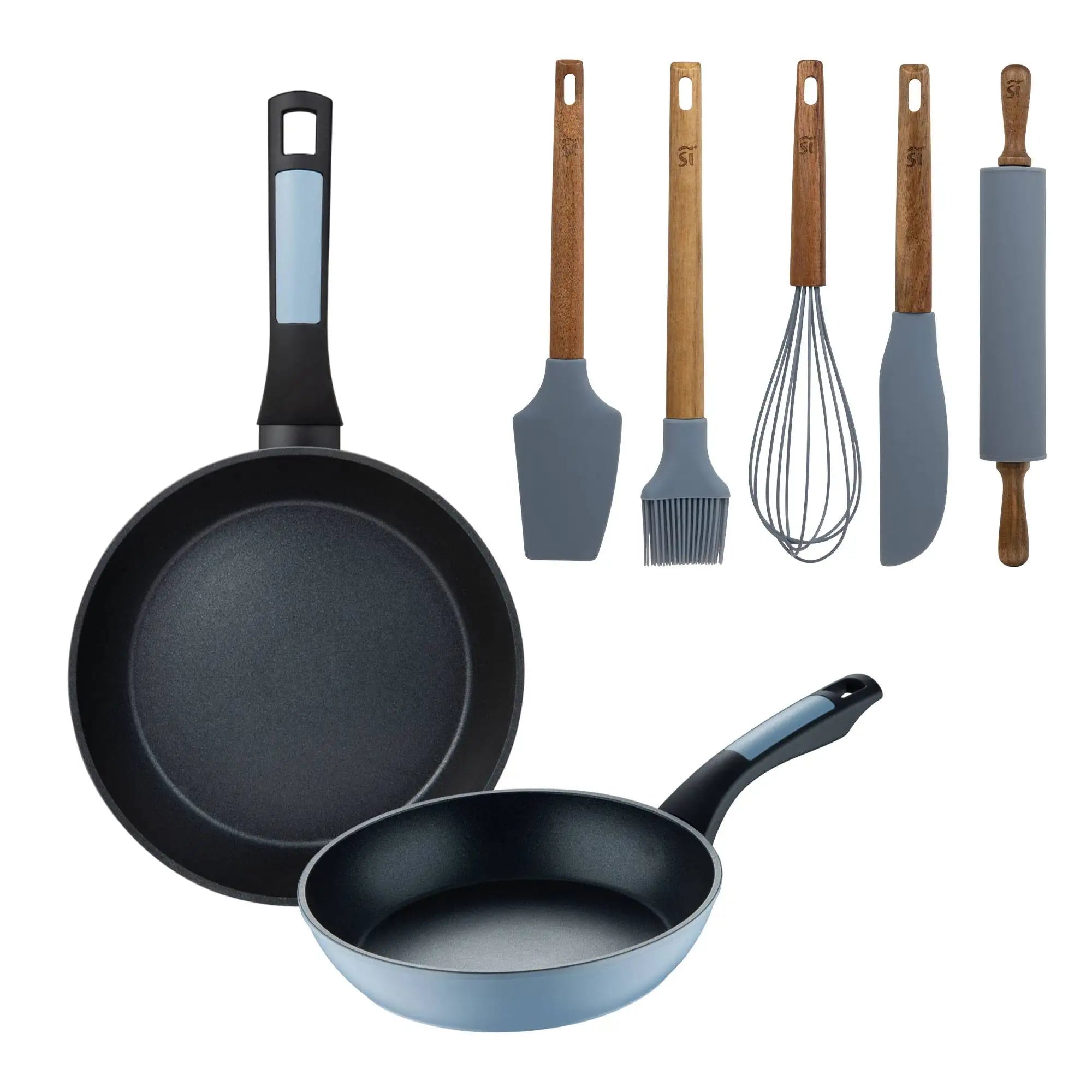 Set of 2 frying pans 2026cm pressed aluminum blue color + Set of 5 silicone and wooden utensils NOIA San Ignacio