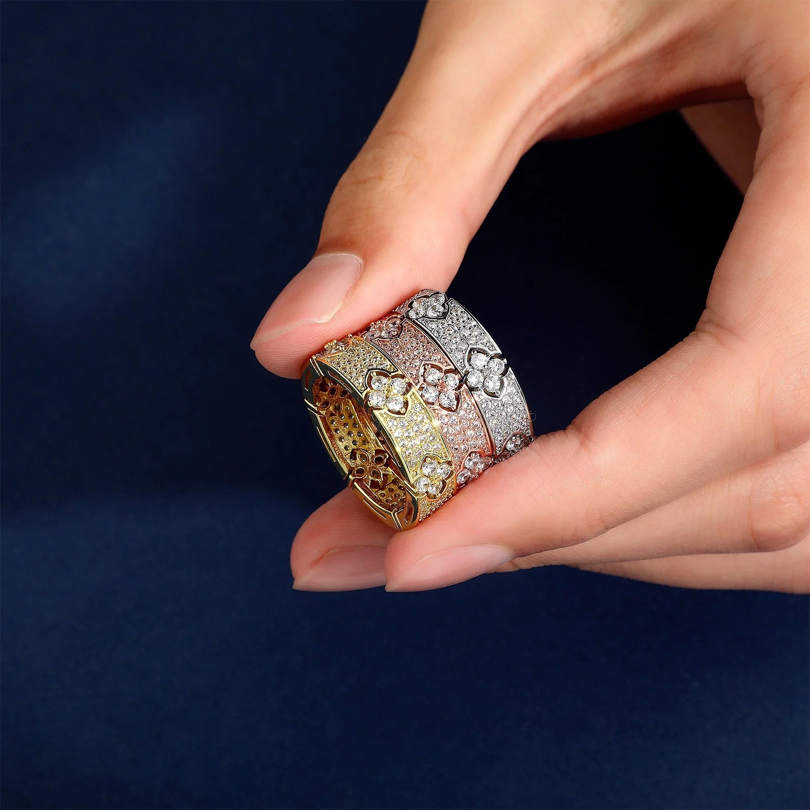 6mm Iced Four Leaf Flower Ring Micro Pave CZ Bling Cubic Zircon Gold Plated Hip Hop Engagement Wedding Rings Women Men Finger