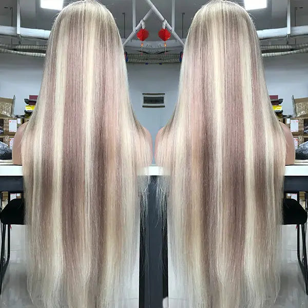 40inch Long Russian Raw Human Hair Highlight Mixed Blonde Silky Straight European Human Hair HD Lace Front Wig for White Women