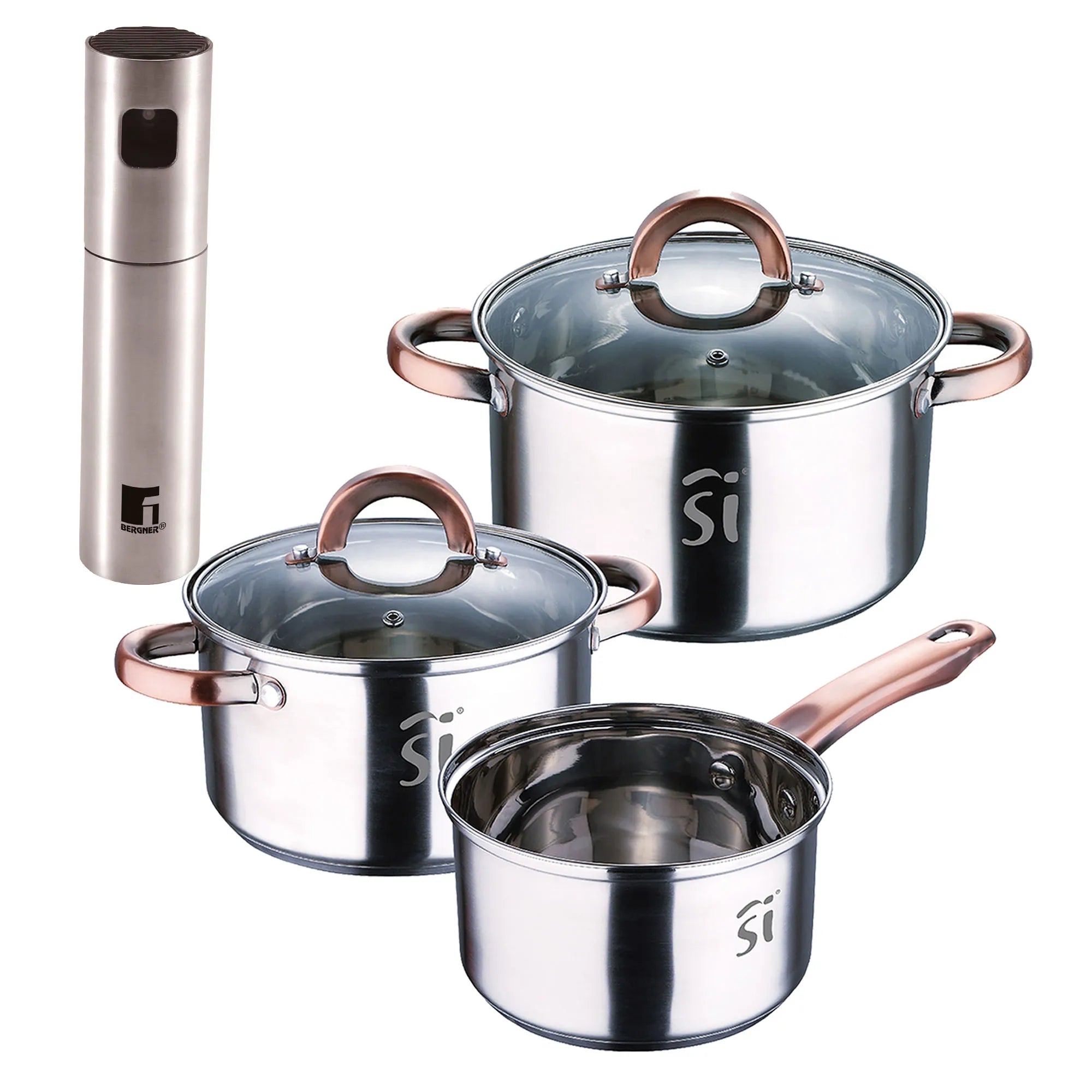 5-piece stainless steel cookware set (16 18 20) suitable for induction cooktops + Bergner Copper Oil and Vinegar Sprayer