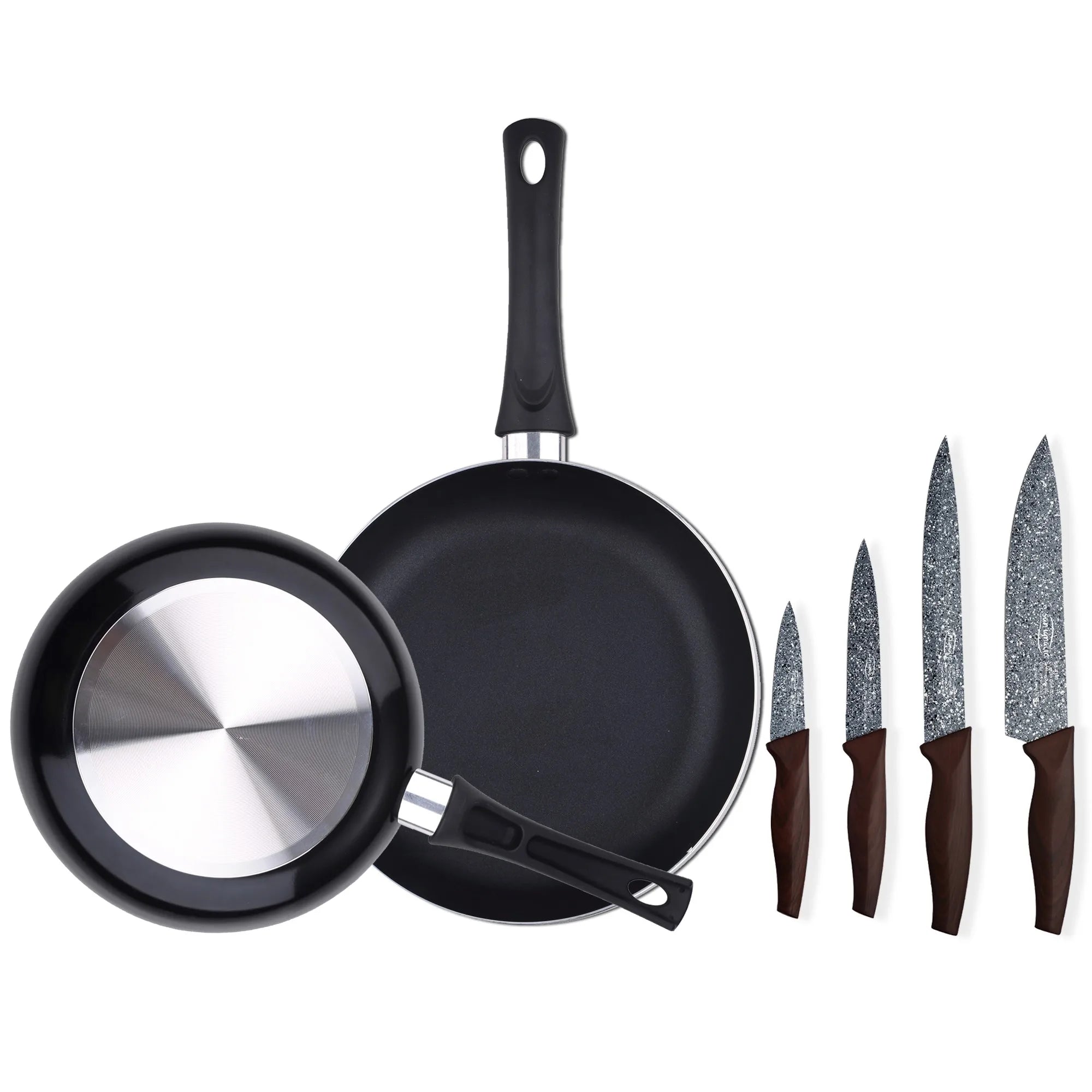 Set of 2 frying pans 20/24 cm with set of 4 kitchen knives made of pressed aluminum and double-layer non-stick coating - Chef
