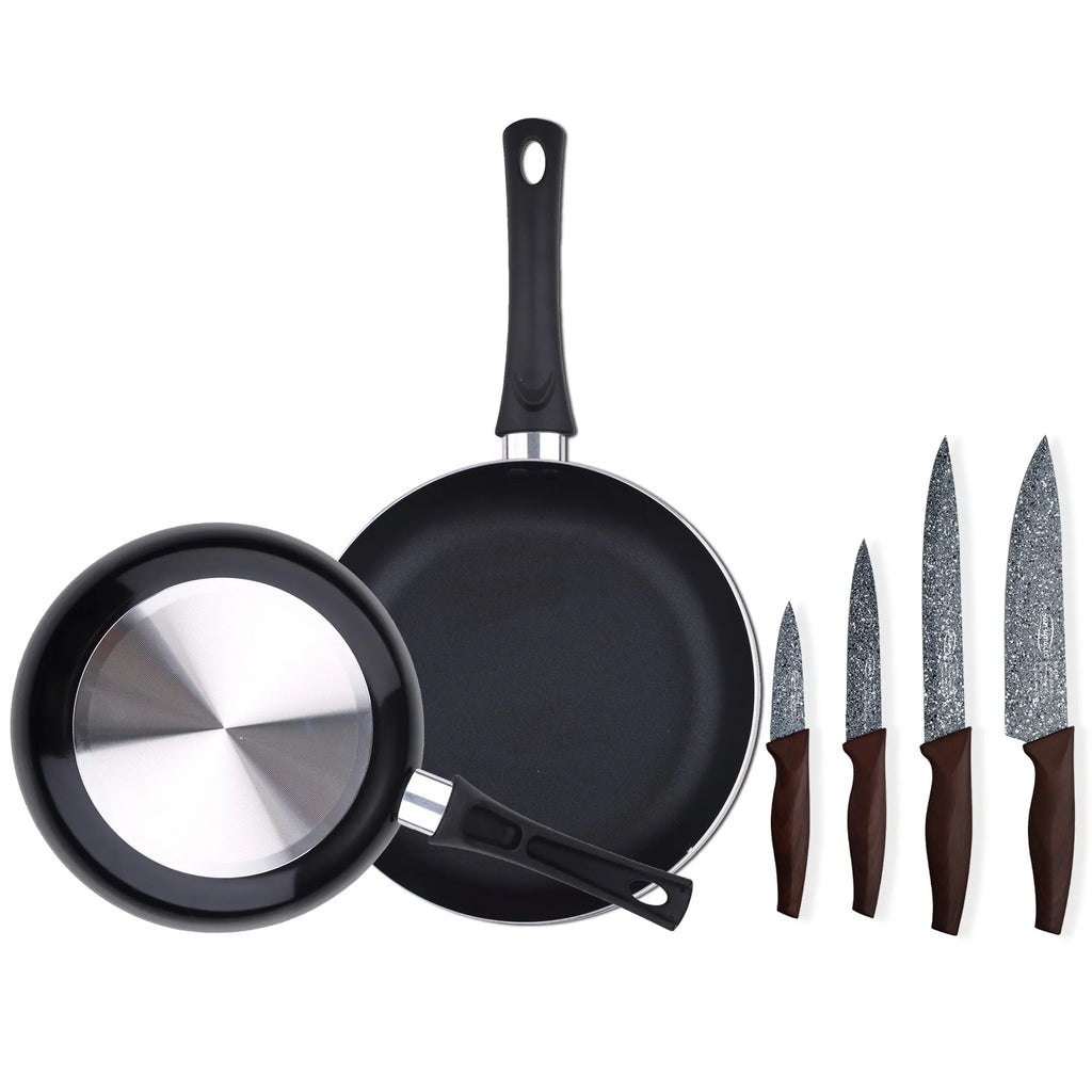 Set of 2 frying pans 20/24 cm with set of 4 kitchen knives made of pressed aluminum and double-layer non-stick coating - Chef