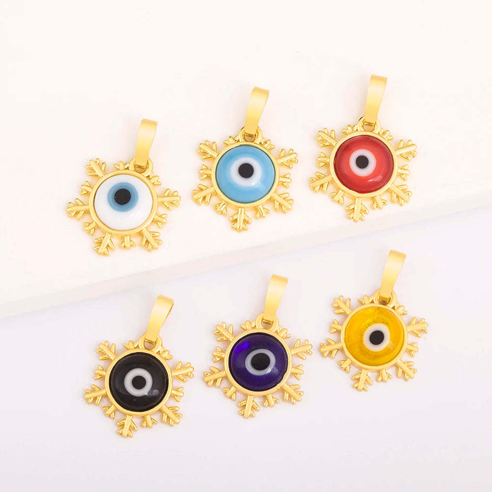 QIKU Wholesale Snowflake Evils Eye Glaze Copper Designer Flat Back Gold Plated Cute Decor Charm Pendant