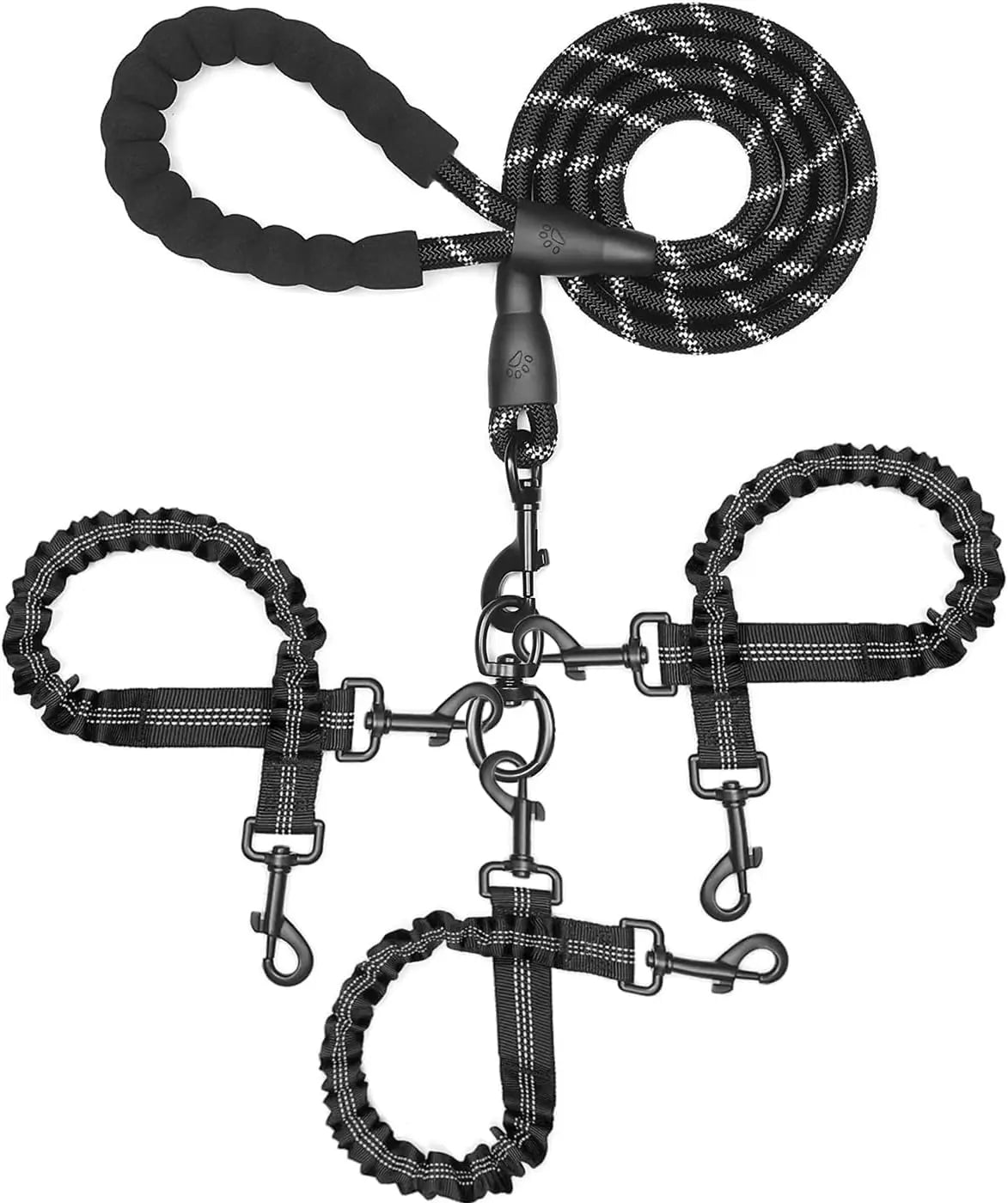 Tangle Free Braided Rope Dual Non Slip Safety Three Triple Swivel High Black Color Dog Leash Nylon With Clip Rubber Grip