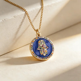 QIKU Round Shape Palm Hamsa Pattern 4 Colors Oil Droplet Pendant Women Necklace Copper Zircon Jewelry Accessories Gift Wholesale