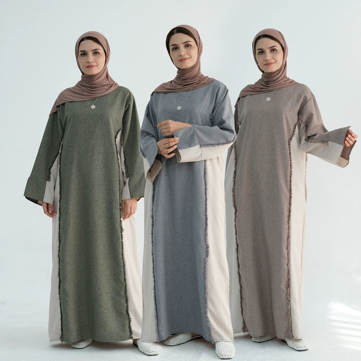 2025 Modern Two-Tone Linen Abaya for Adults Closed Robe Kaftan Colorblocking Muslim Women's Fashion Dubai Turkey Spring Islamic MegaBDM