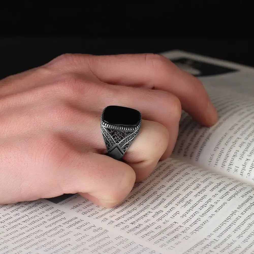 Azuris Turkish 925 Sterling Silver Men's Ring Ottoman Style Fashion Jewelry Natural Stone Black Color Handmade VALKH1353