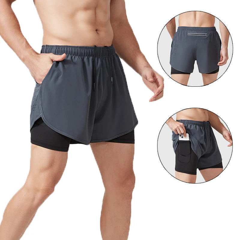 2-in-1 Men's Fitness Shorts Casual Solid Pattern Reflective Strip Mid Waist Double Layers Laser Punched Zip Pocket for Running
