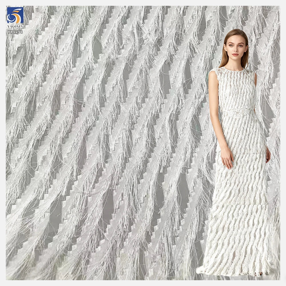 YX1251 Popular in Russia White Tassel Chiffon Jacquard Fabric Feather Design Nylon Jacquard Fabric for Dress Woman MegaBDM