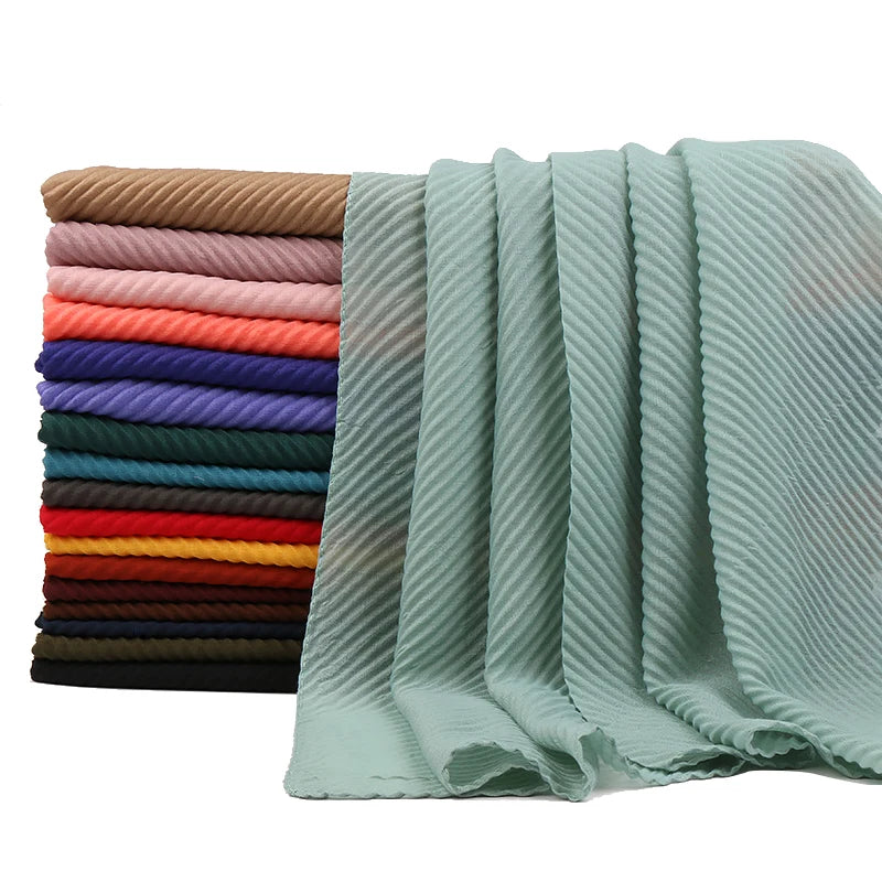 New Design Solid Color Long Pleated Hijab Fashion Muslim Women Shawls Summer Cotton Crinkle Scarf