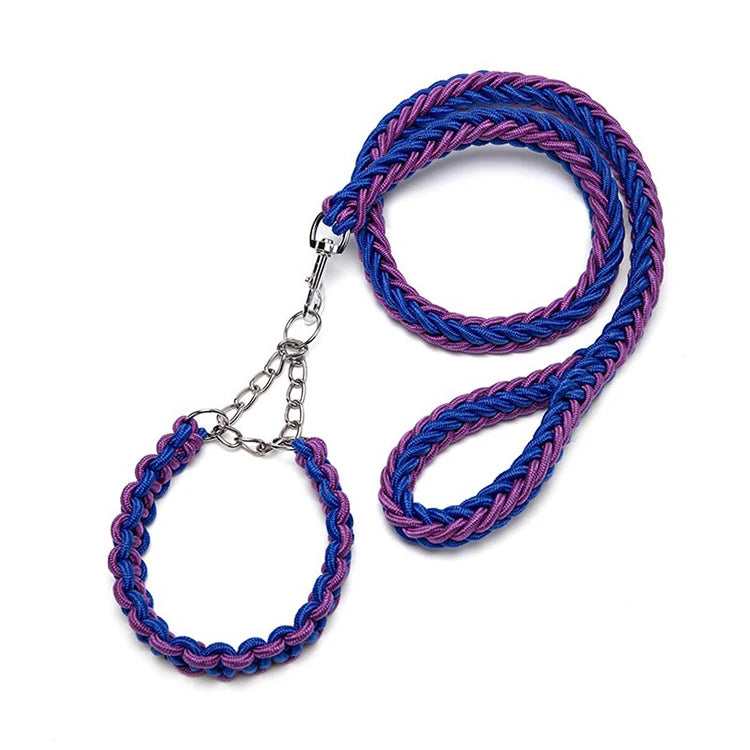 Blue Purple Eight-Strand Nylon Braided P Chain Slip Strong Metal Pull Clip Anti Impact Nylon Pet Snap Dog Leash and Collar Set
