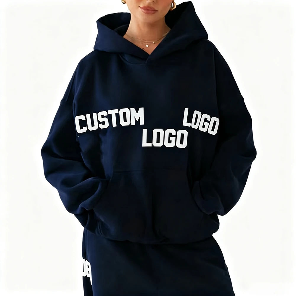 Women's Custom Logo Drop Shoulder Pullover Hoodie Navy Blue Regular Fit Casual Eco-Friendly Matching Tracksuit Option