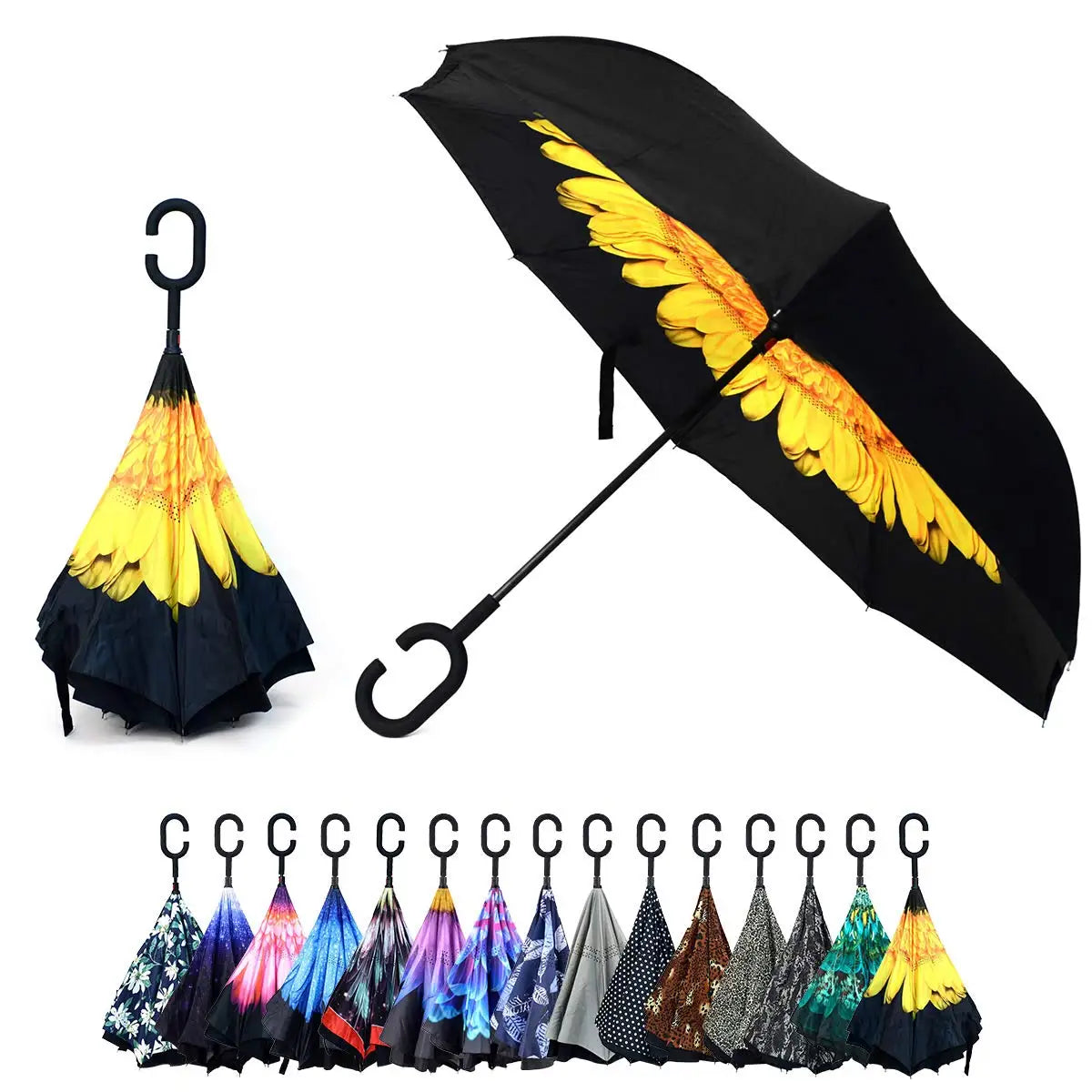 23-Inch Double Layer Yellow Chrysanthemum Flower Parquet Print Reverse Folding Windproof Umbrella C Shaped Handle Beach Travel