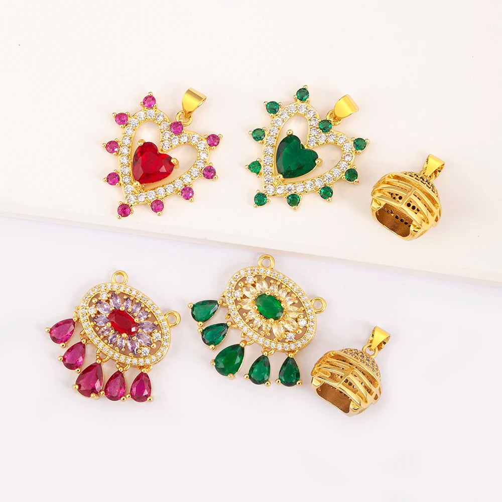 Wholesale 18K Gold Plated Copper Fashion Hollow Heart Ethnic Pattern Zircon Charms Colorful Pendants Jewelry DIY Necklace Making
