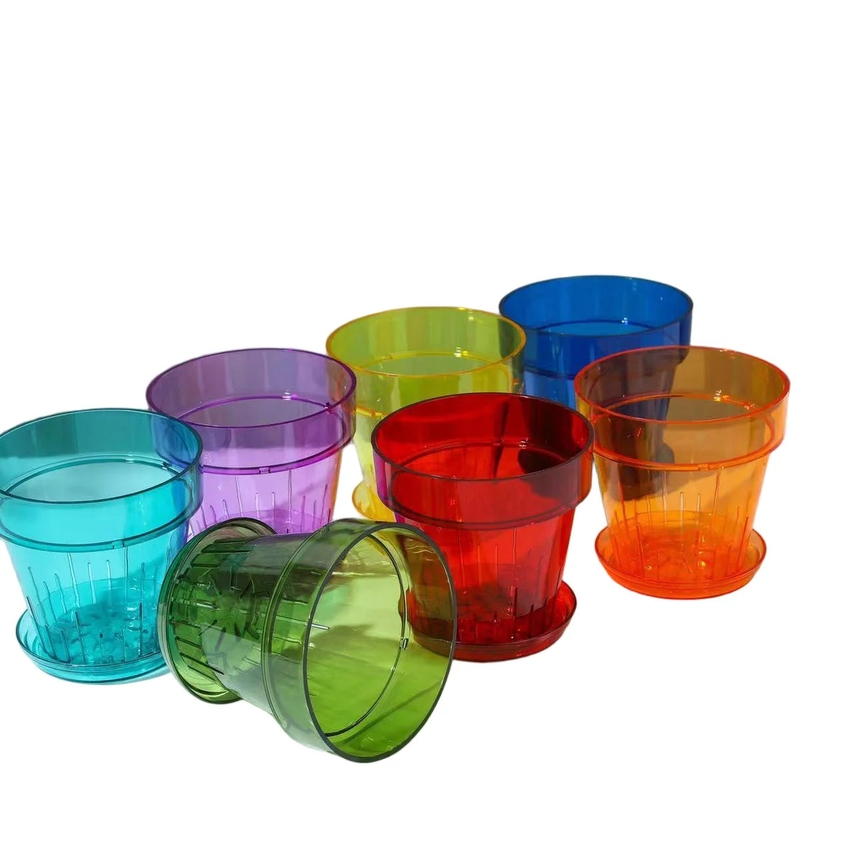 Transparent Colorful Plastic Flower Pots with Drainage Tray | Red/Orange/Yellow/Green/Blue/Purple | Lightweight Durable Planters MegaBDM