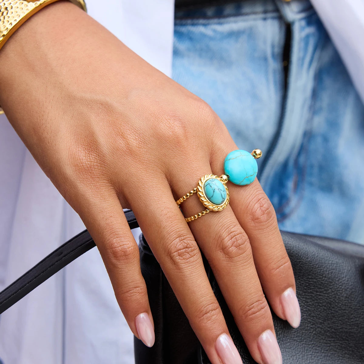 J&D Romantic 18K Gold Plated Stainless Steel Blue Turquoise Elegant Jewelry Ring