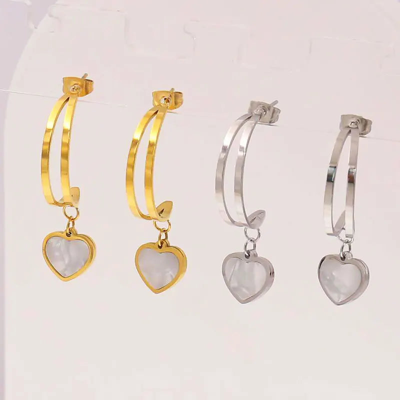 Fashion Jewelry Stainless Steel 18K Gold Plated White Shell Earrings with Heart and Star Shape Hoop Earring with C Shape