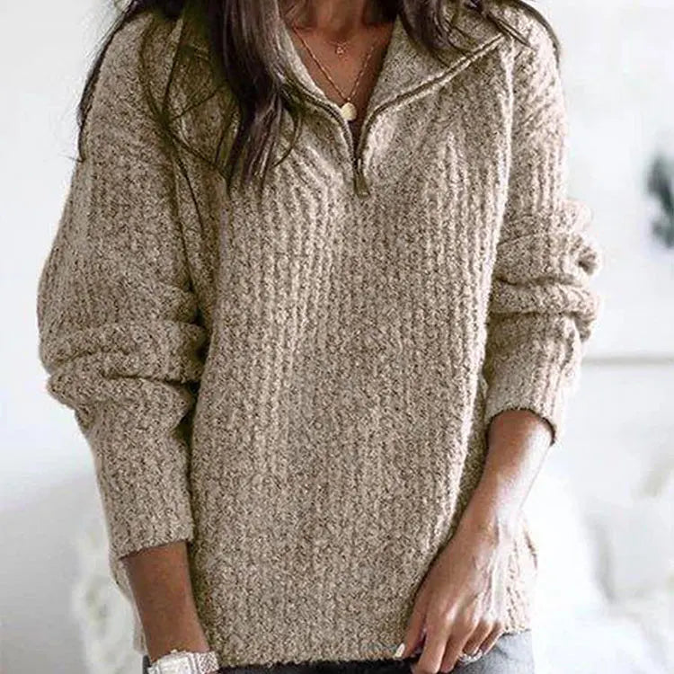 Autumn Winter Zip-Up Knit Pullover - EU/US Women's Long Sleeve Sweater Coat