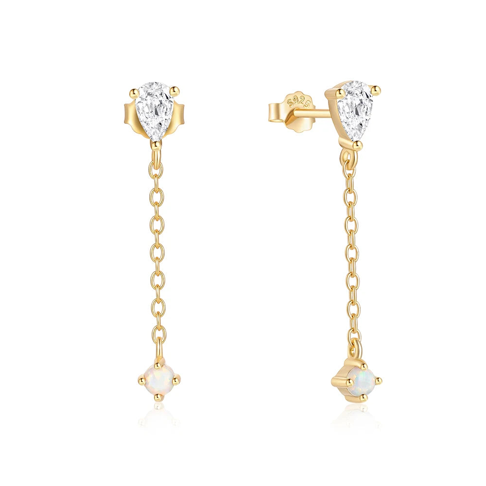 CANNER Simple S925 Sterling Silver Water Drop Teardrop Zircon Long Chain Tassel Opal Diamond Pendant Earrings 18k Gold