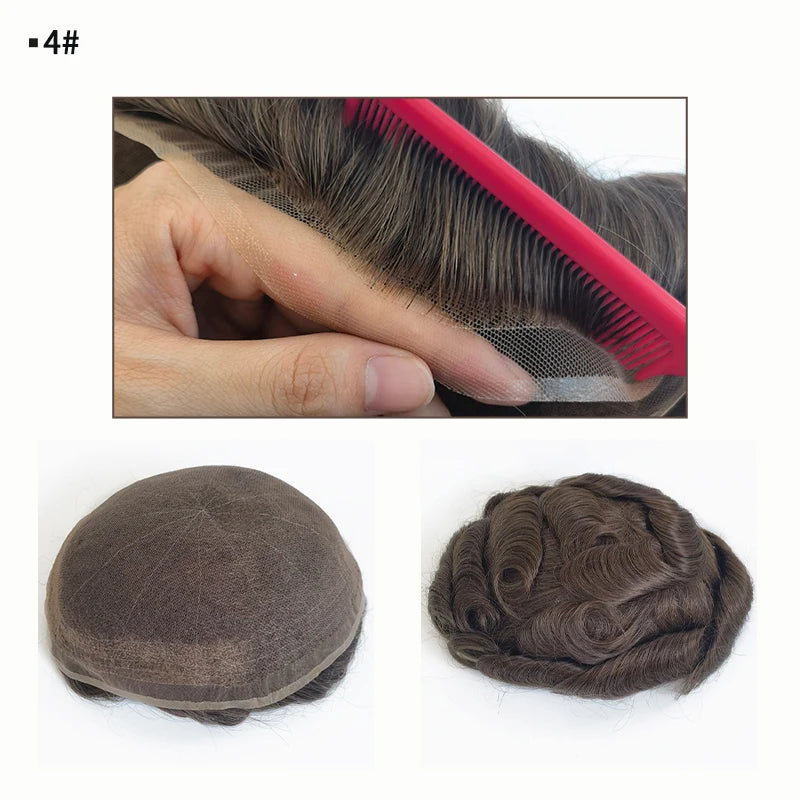 Brown Color Natural Hairline Full Bleached Knots Swiss Lace All Human Remy Hair Men Toupee