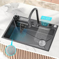 LED Smart Digital Display Black Honeycomb Stainless Steel Kitchen Sink with Multi-function Waterfall Faucet for Hotel