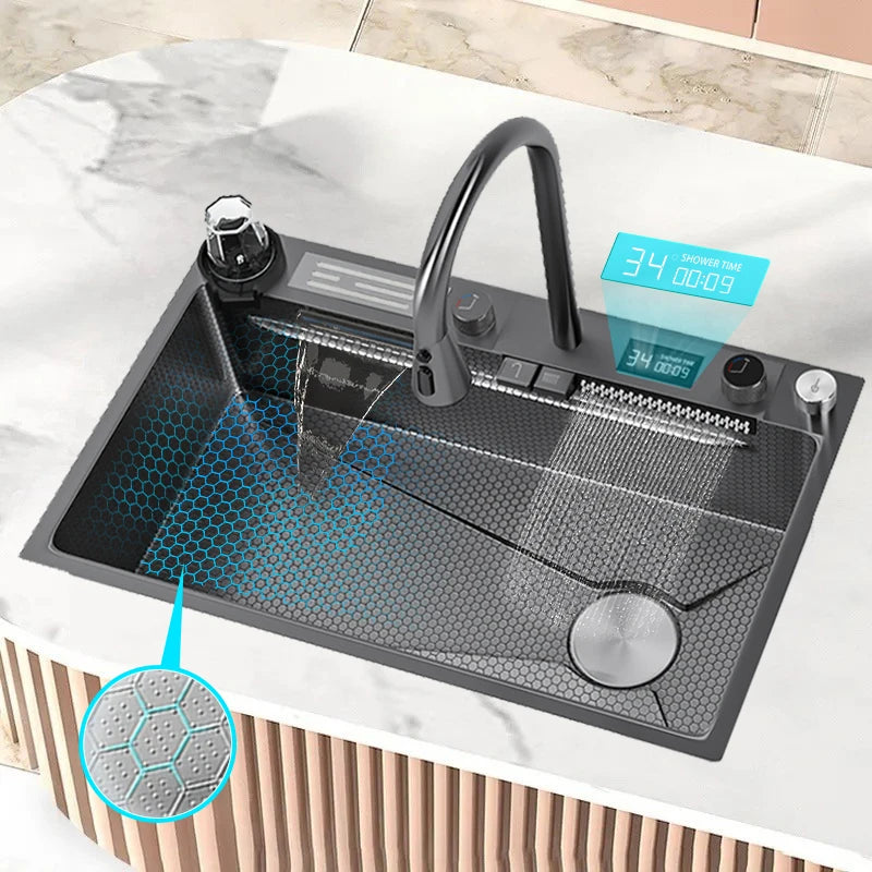 LED Smart Digital Display Black Honeycomb Stainless Steel Kitchen Sink with Multi-function Waterfall Faucet for Hotel