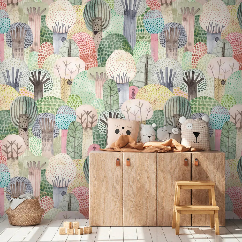 Made in Germany Photo Wallpaper Murals Forest Coloured Green Pink Blue Non Woven Vinyl Premium Wall Mural Trees - 159 x 280 m
