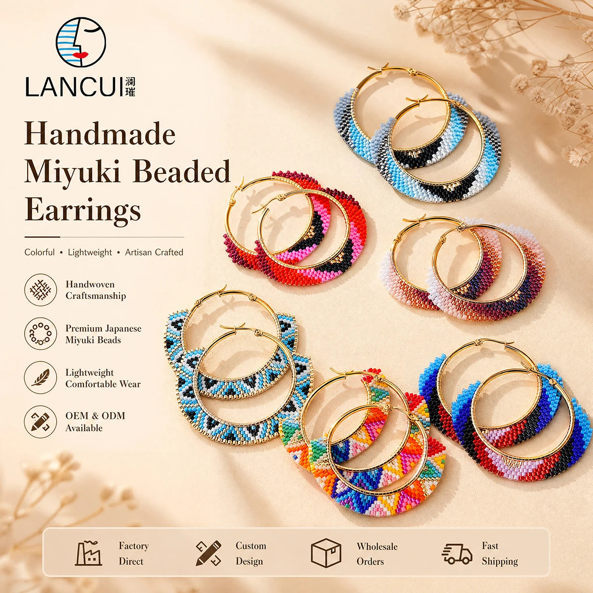 Wholesale 18K Gold Plated Charms Miyuki Seed Beaded Hoop Earrings Brass Pearl Glass Women Fashion Jewelry for Parties