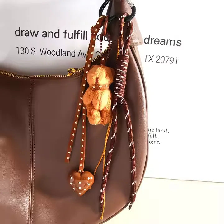 New Heart Bow Plush Bear Backpack Charm Keychain Bling Handmade Girl Mobile Phone Braided Rope Bag Pendant Keyring Accessory