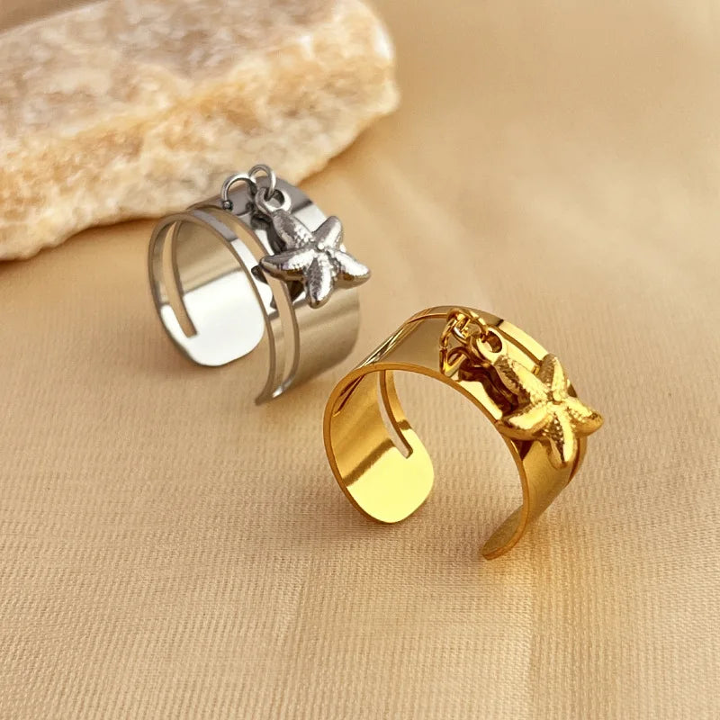 Fenyi Wholesale Jewelry Women's High-end Fashionable Retro Unique Stainless Steel Plated 18K Gold Starfish Open Pendant Ring