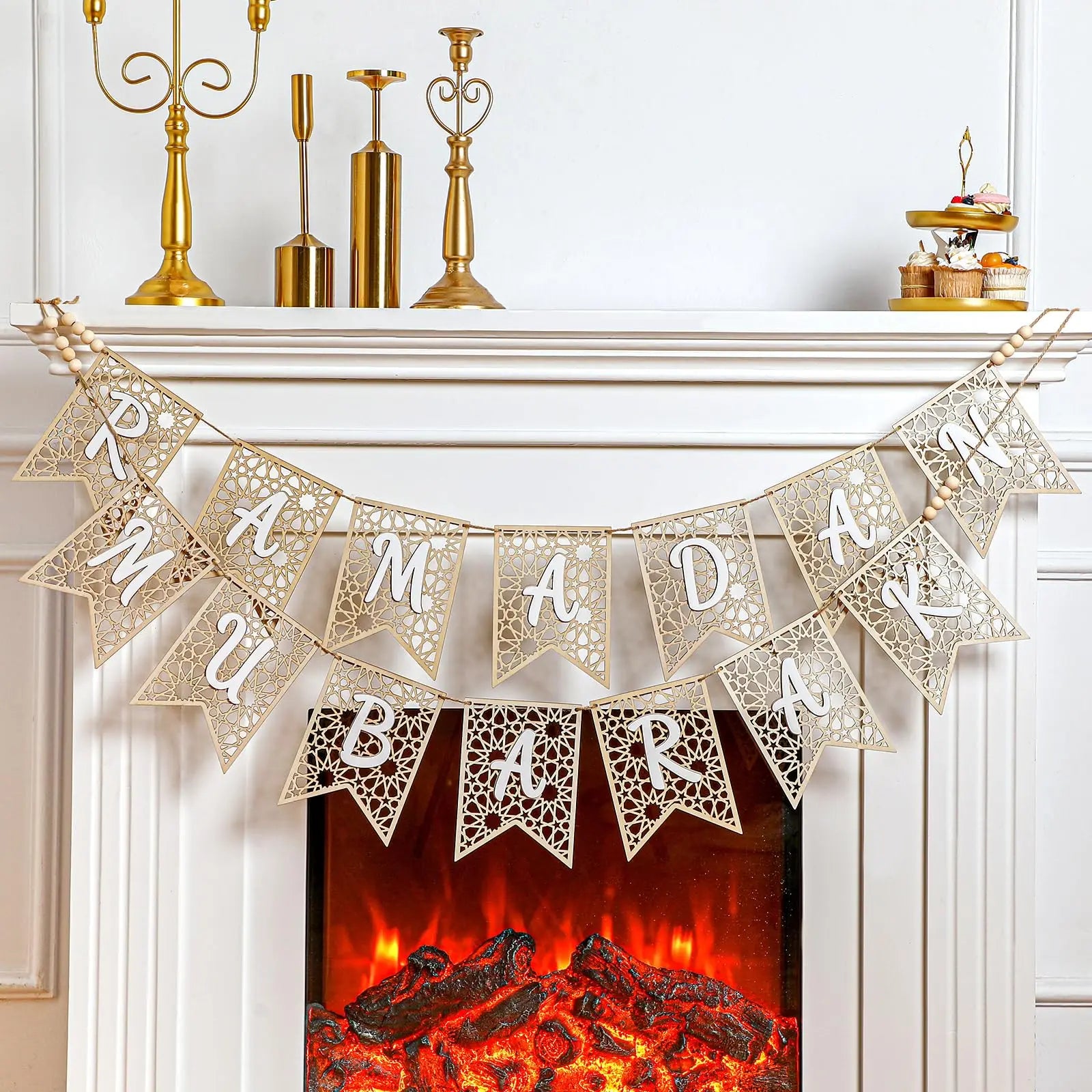 Eid Ramadan Mubarak Banner Wooden Rustic Bead Ramadan Decorations Banner Muslim Party Decor Supplies for Home Fireplace