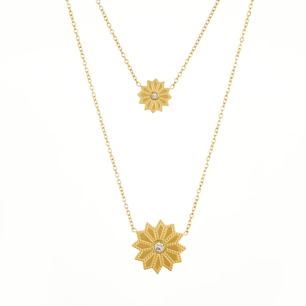Latest 18K Gold Plated Stainless Steel Jewelry Double Chain Irregular Sunflower Zircon Pendant Waterproof Woman Necklace P243509
