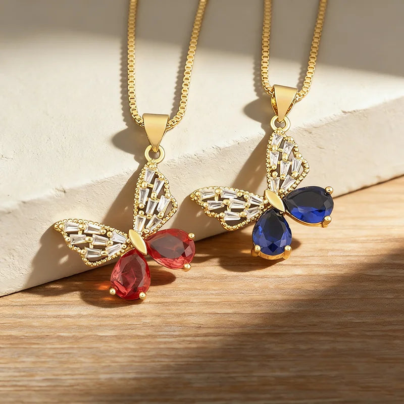 QIKU Luxury 4 Colors Rhinestone Butterfly Shape Pendant Women Necklace Copper Zircon Jewelry Accessories Wholesale Dropshipping
