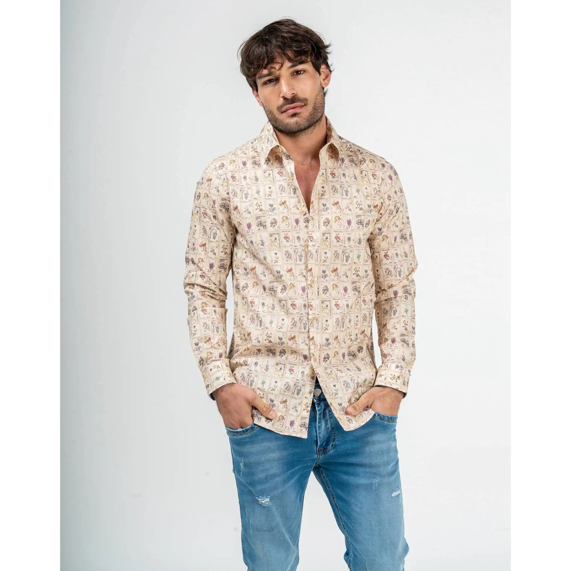 2026 Hot Sale Men's Floral All Over Print 100% Cotton Breathable Long Sleeve Button Down Casual Shirt EU Wholesale