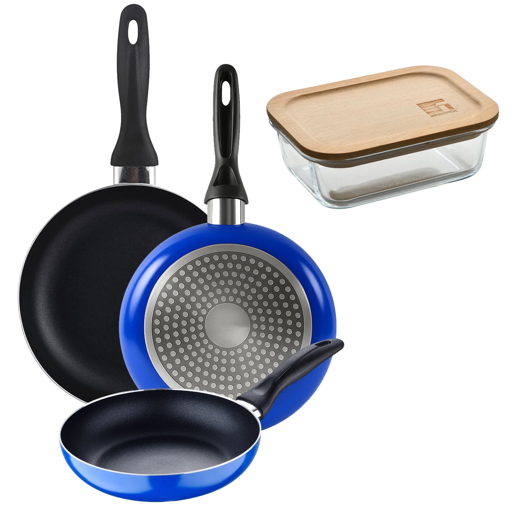 San Ignacio 3-piece frying pan set (16+20+24cm) pressed aluminum blue + 650ml borosilicate glass airtight container