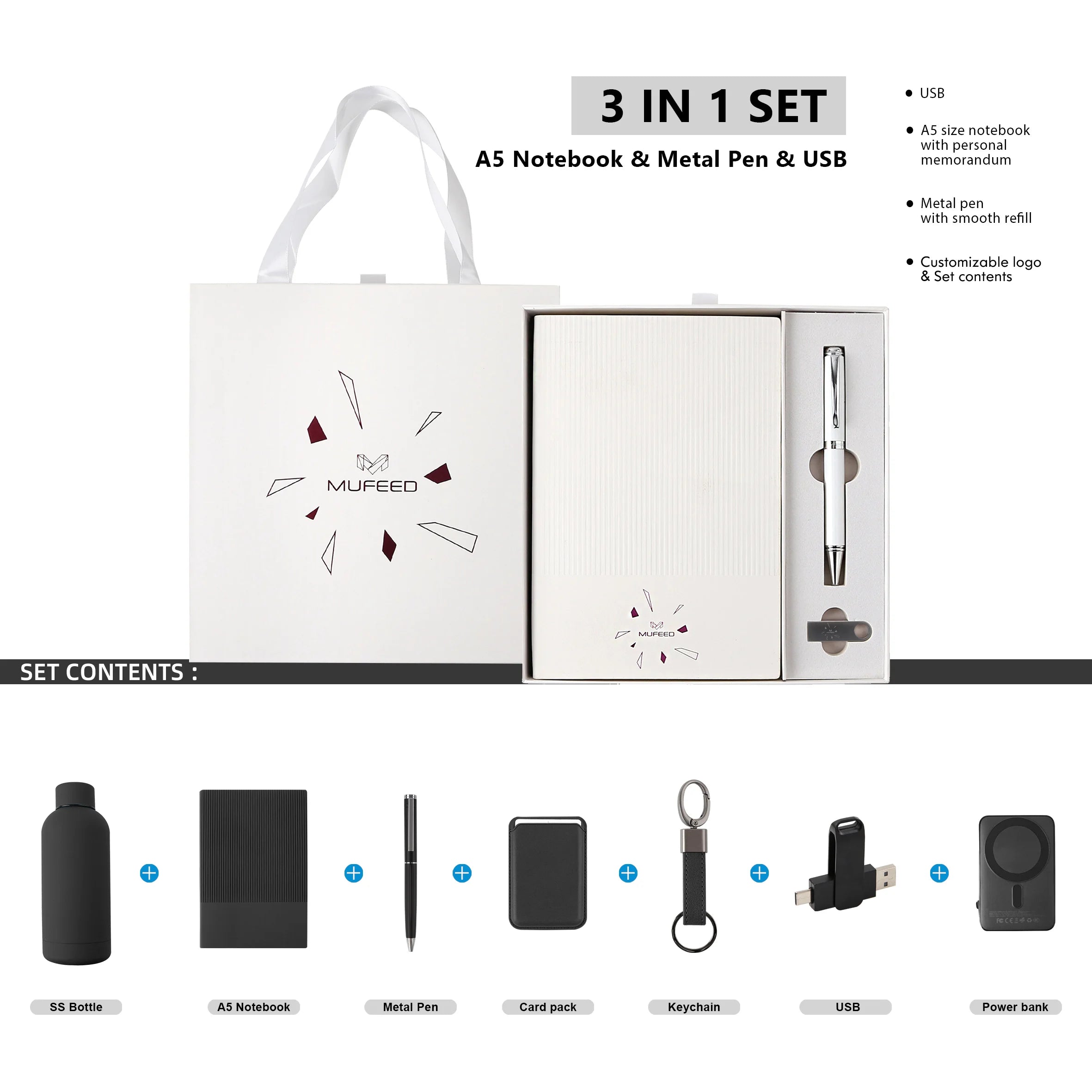High End Corporate 3 Piece Gifts Set Logo Customised USB Notebook Pen Business Gift Set