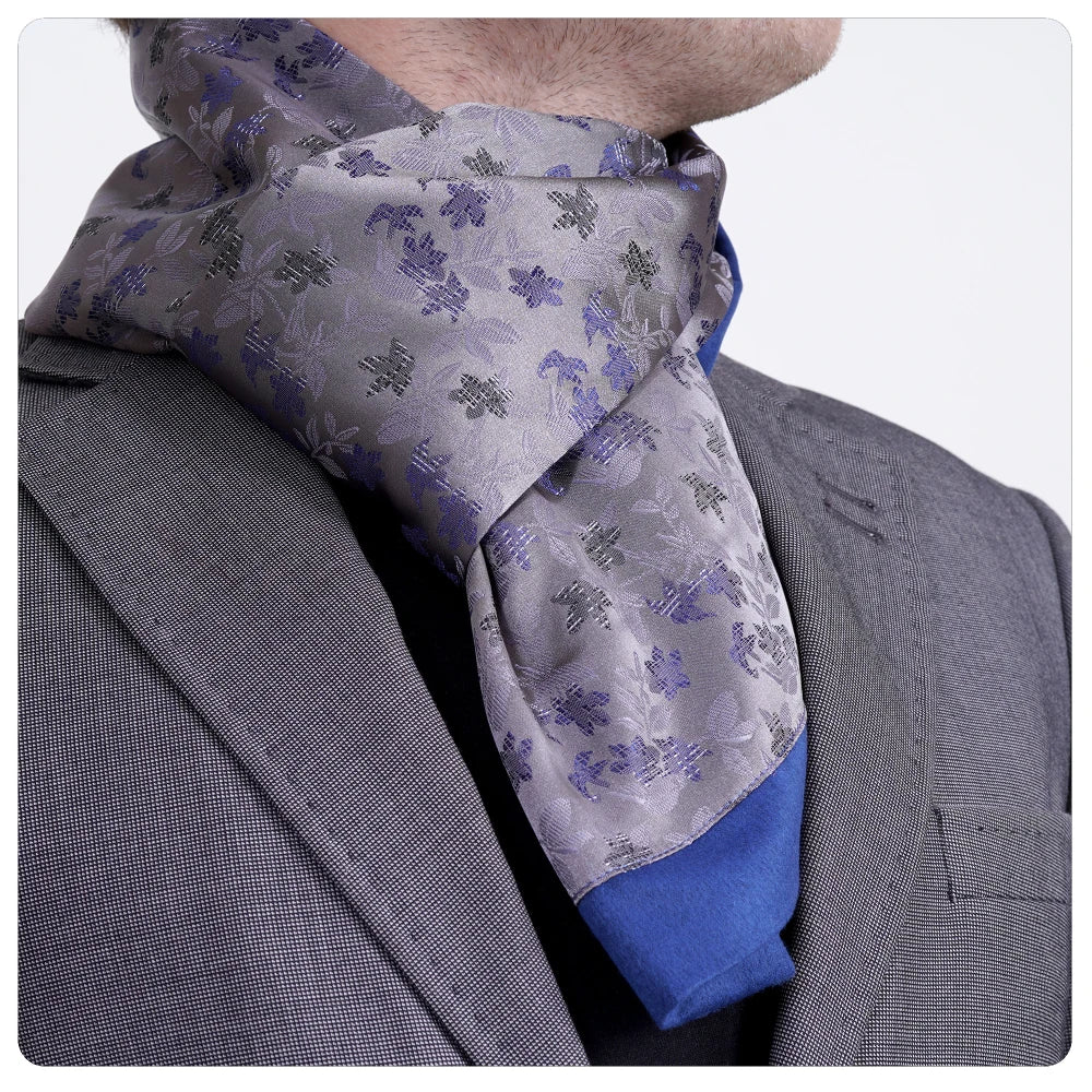Exve Exclusive Elegant Double-Sided Silver Blue Floral Pattern Jacquard Woven Silk Turkey Scarf Durable and Stylish Accessory
