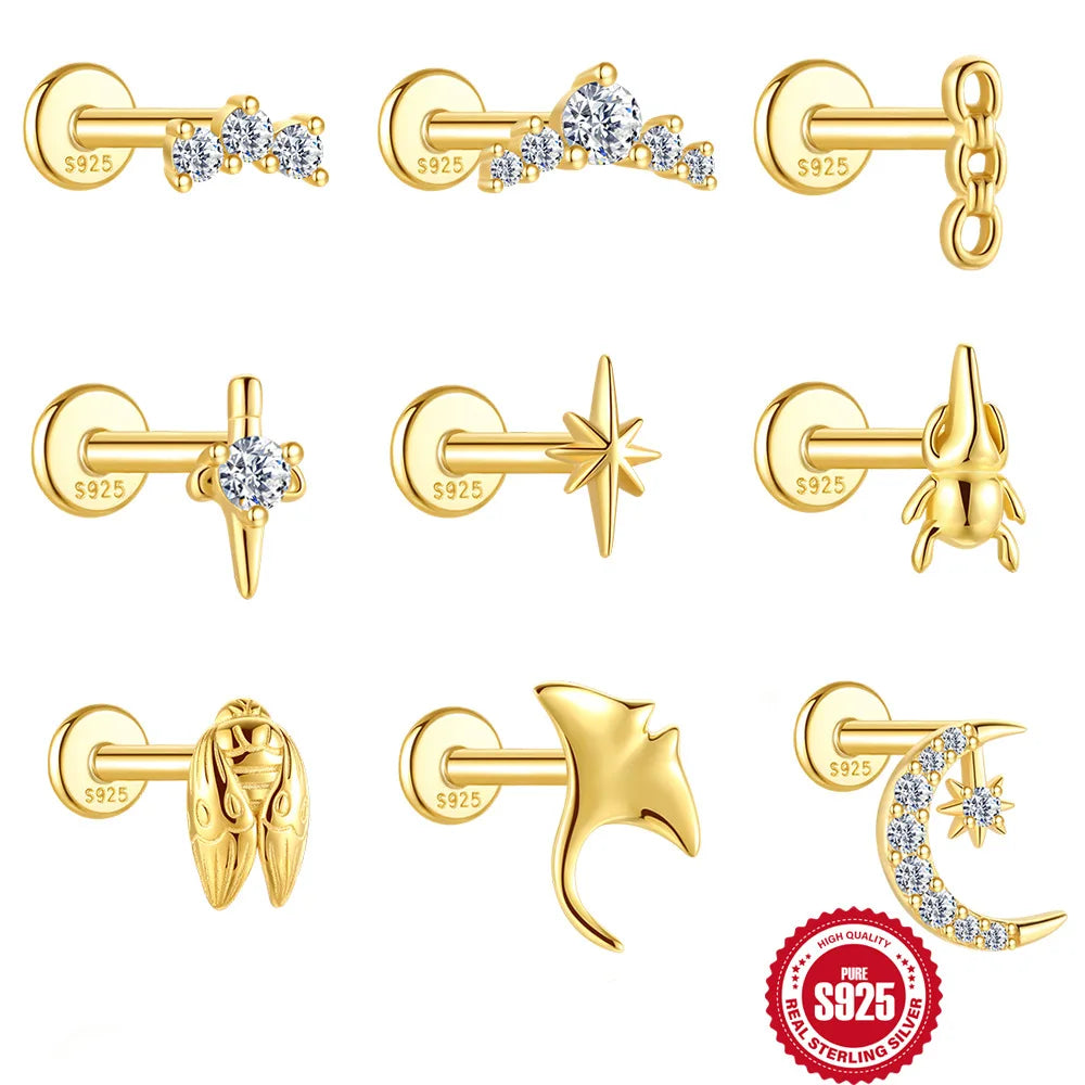 Boasta S925 Sterling Silver 18K Gold Plated Star Moon Crown Sword Animal CZ Flat Back Threaded Cartilage Stud Earring