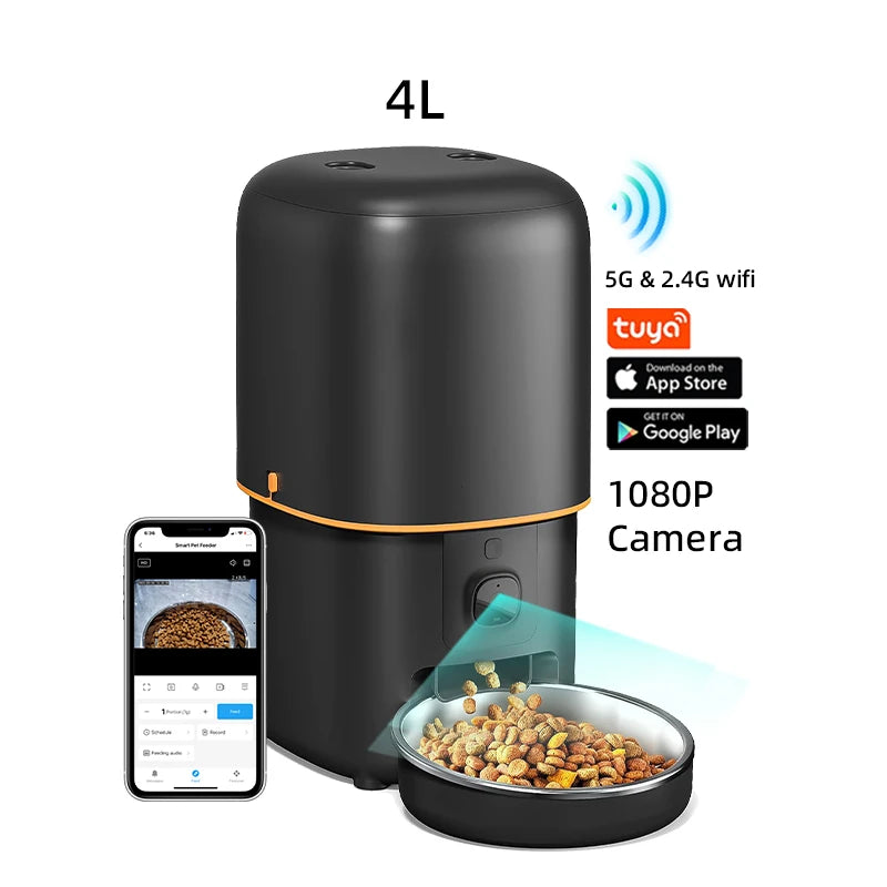 4L Automatic Smart Pet Feeder Camera Tuya WiFi with APP Remote Control Stainless Steel and Plastic Bowls 1080p HD Video