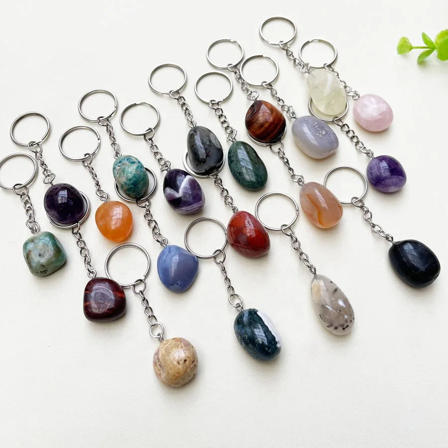 Wholesale Natural Rose Quartz Tiger Eyes Amethyst Agate Clear Quartz Tumbled Stone Crystal Key Chain for Gift
