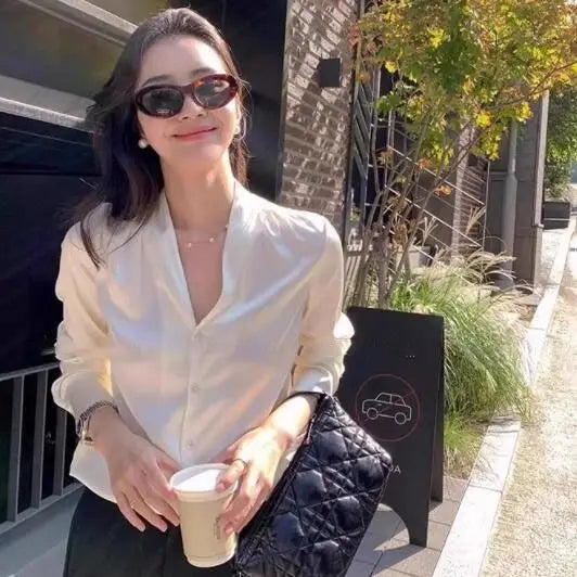 2025 Summer Cross-Border Women's Long-Sleeve V-Neck Button Shirt - Elegant Belted Style for Feminine Charm