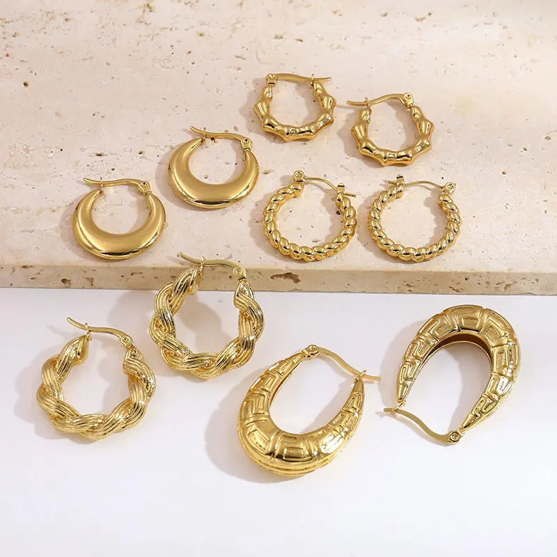 Hypoallergenic Waterproof U Shape Huggie Earrings 18K Gold Plated Stainless Steel Hollow Pattern Hoop Earrings for Women